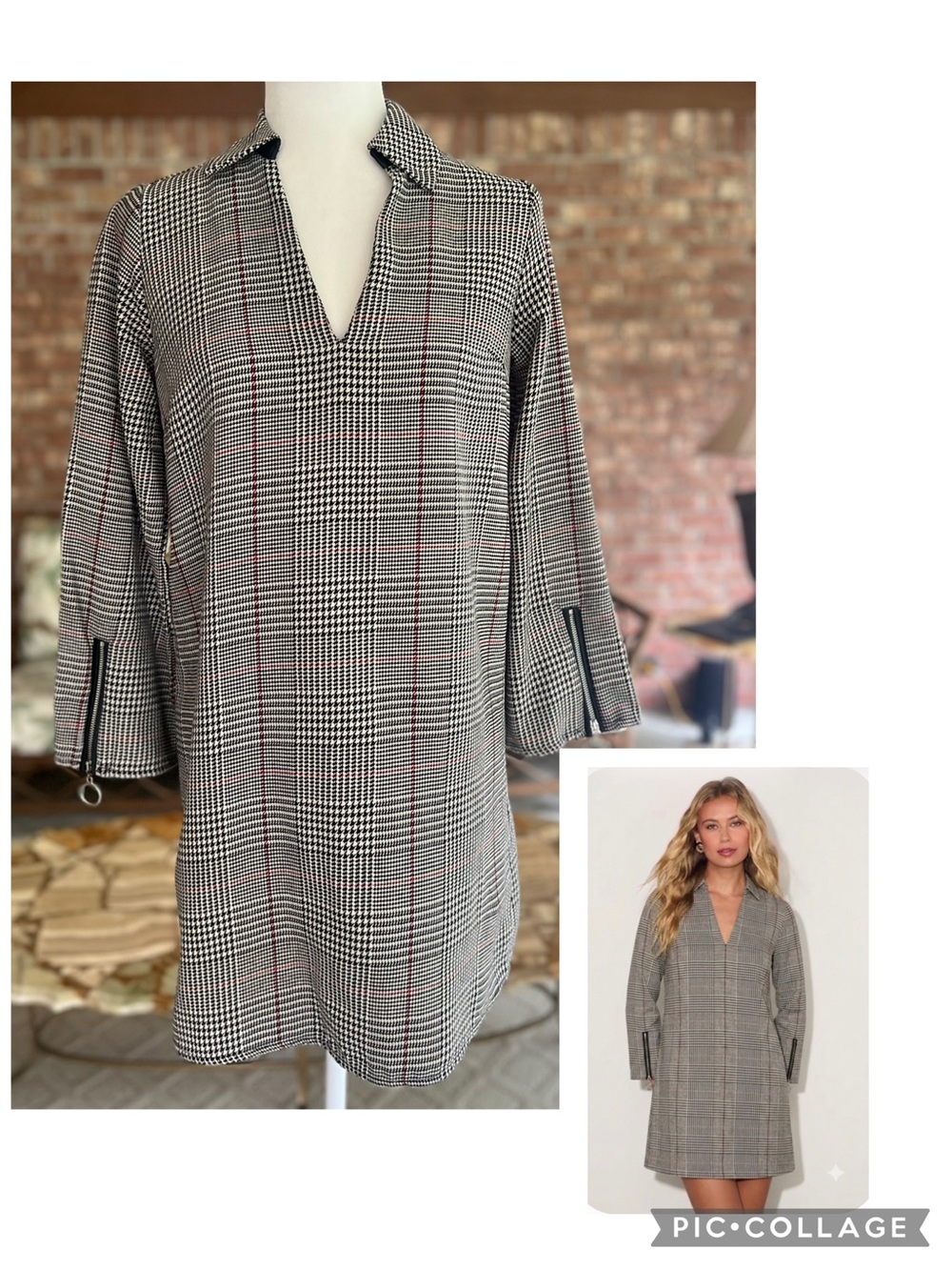 Zara Black Cream Houndstooth Plaid Zipper Sleeve Relaxed Mini Dress XS Preppy